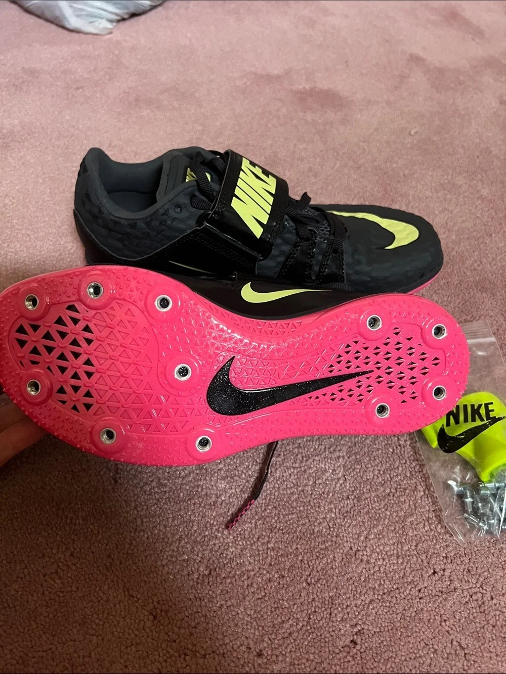 Nike Black Training Shoes with Yellow Swoosh and Pink Outsole with Spikes